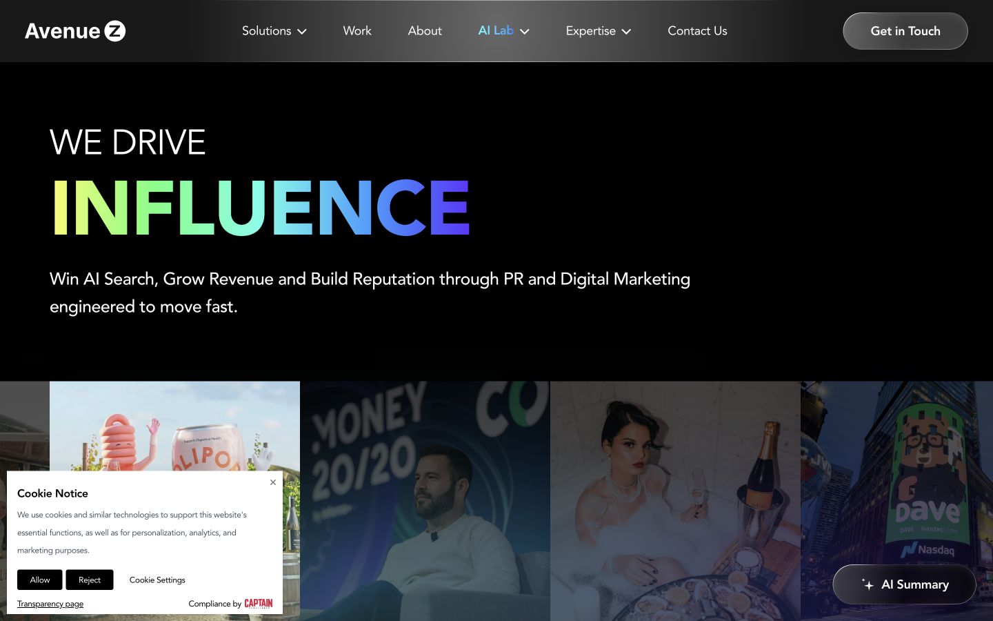 Screenshot of the Avenue Z homepage