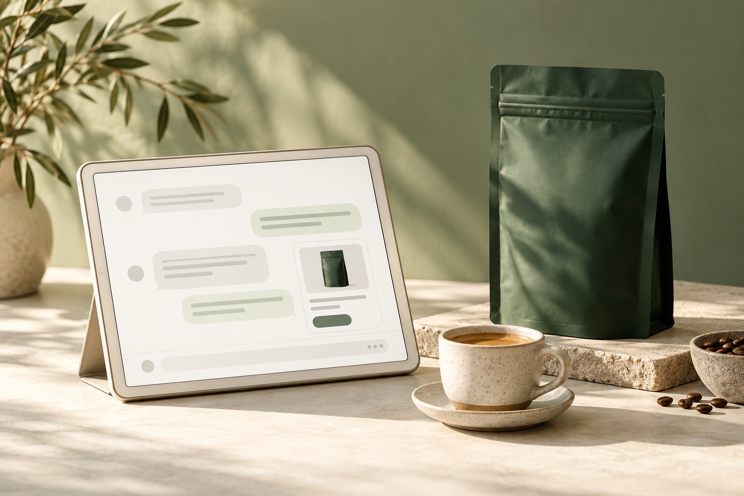 Editorial still life of a conversation on a tablet beside coffee packaging