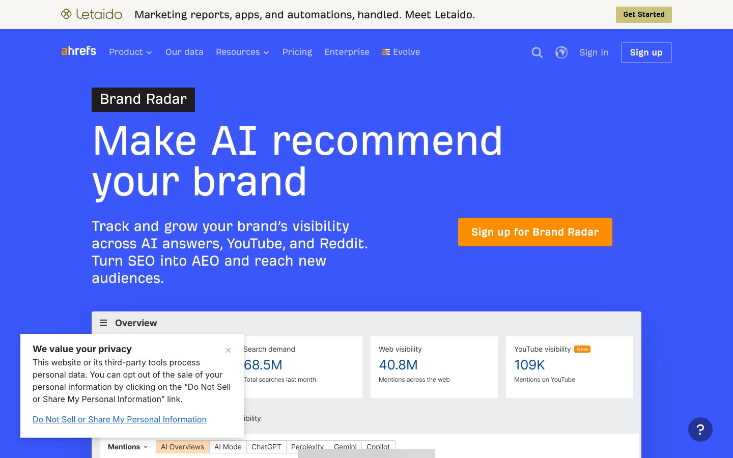 Ahrefs Brand Radar homepage captured August 26, 2026