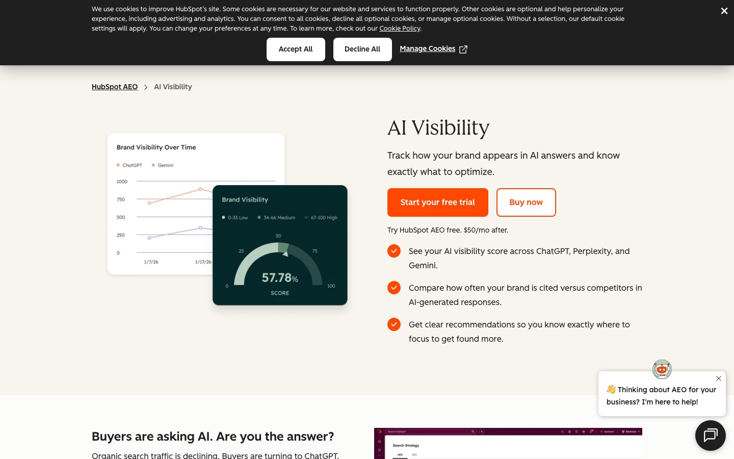 HubSpot AEO homepage captured August 26, 2026